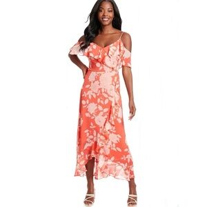 Floral Cold-Shoulder Chiffon Maxi Dress in Coral